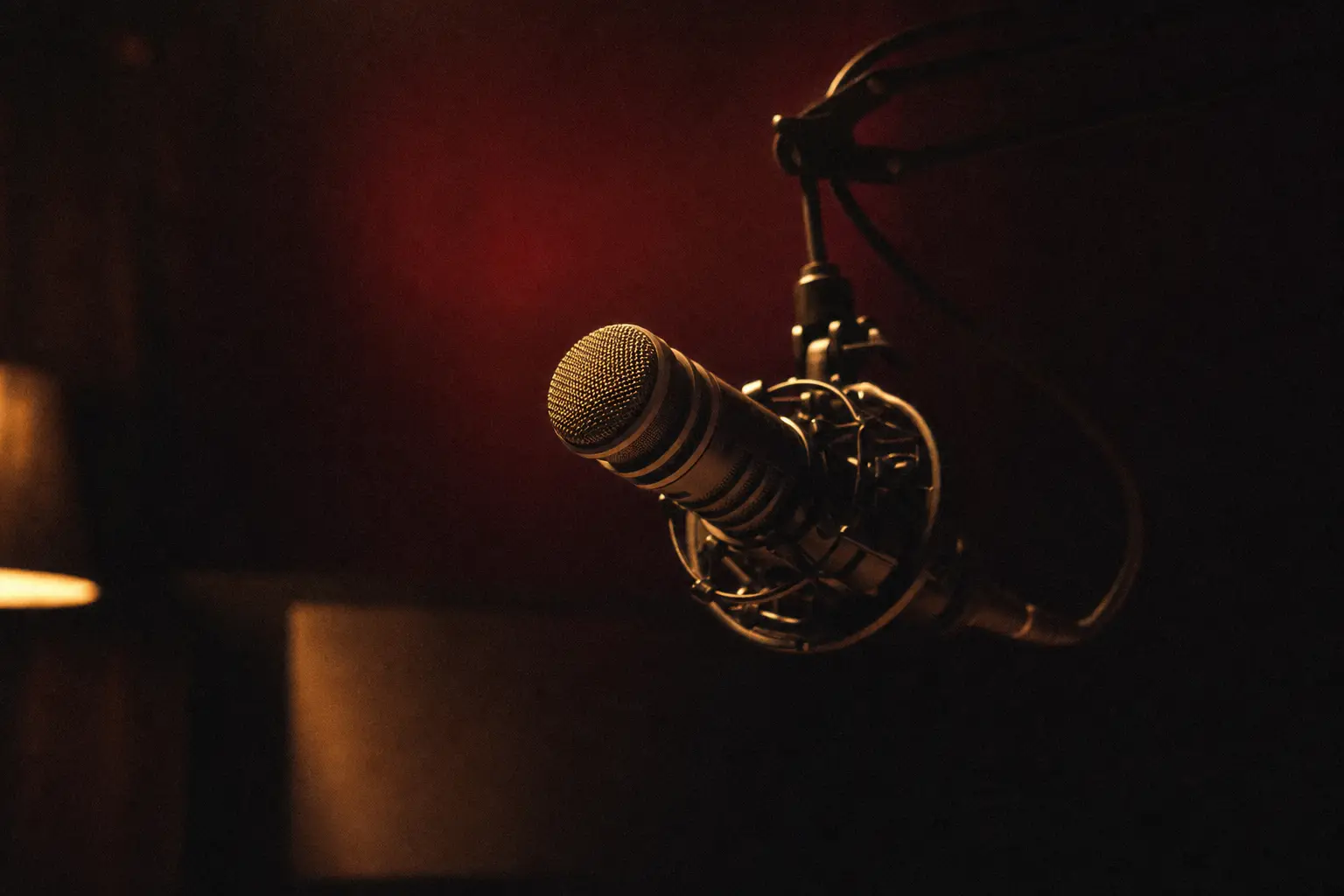 Microphone in a warmly lit recording space